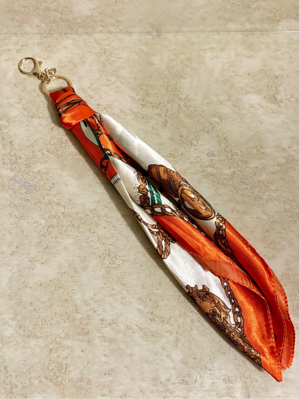 NWOT - Silk Scarf Keychain - Orange & White - Purse Charm